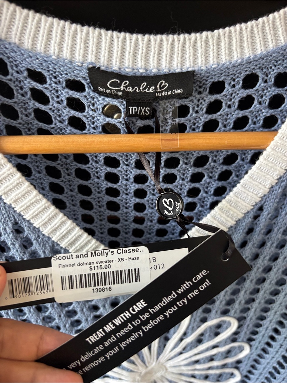 NWT Charlie B size XS Knit V Neck Fishnet Dolman Short Sleeve Sweater in Haze - Picture 2 of 9
